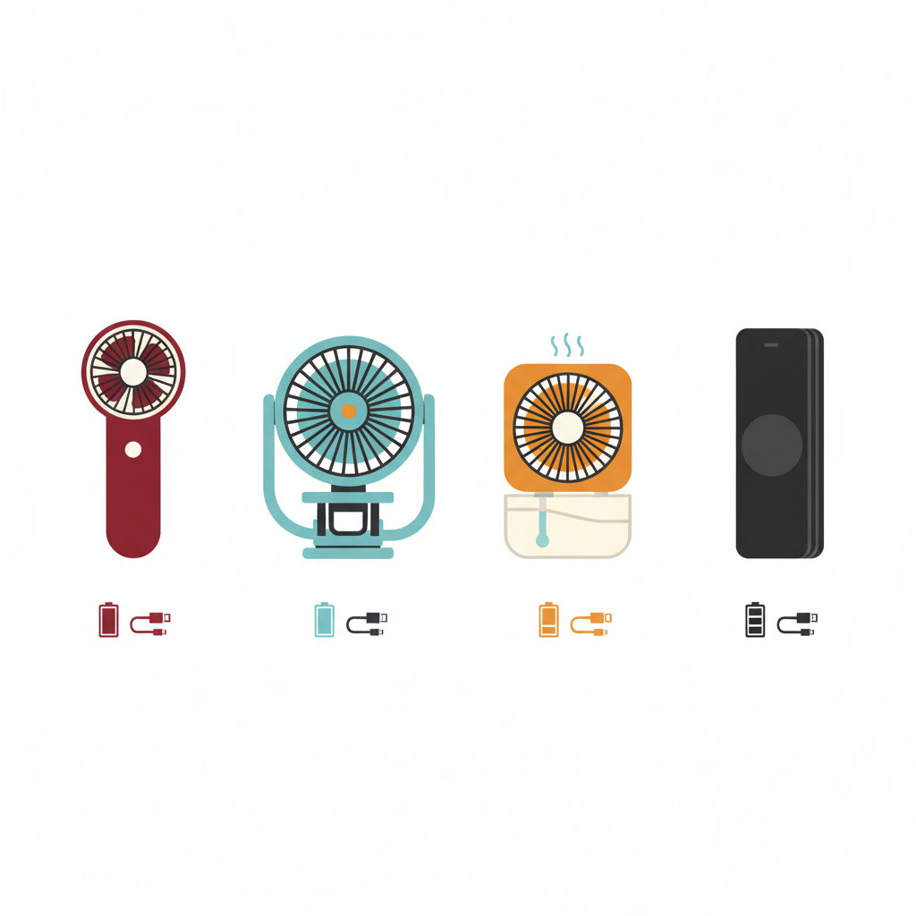 침대용 USB 선풍기 폼팩터 비교 — 핸디·클립·미스트·초박형 폴딩 데스크팬과 배터리·USB 충전 아이콘