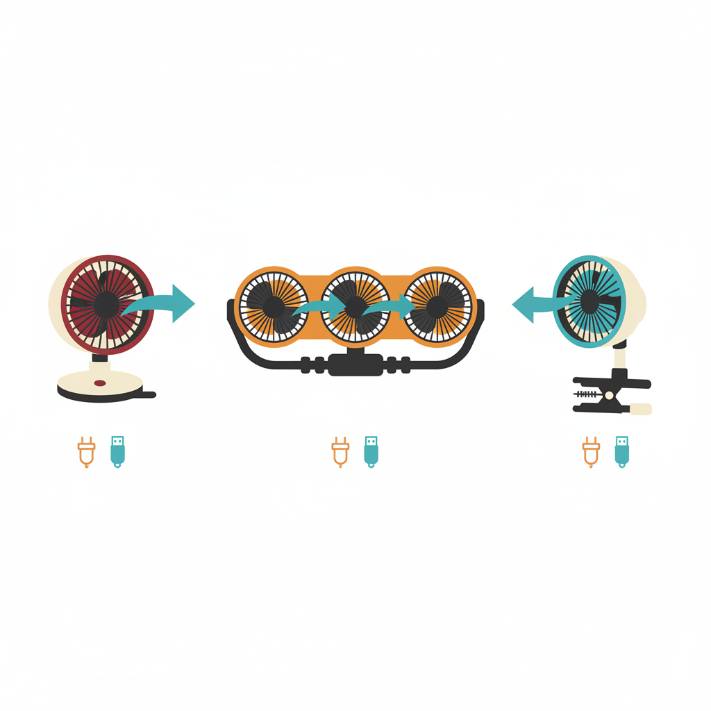 차량용 미니 선풍기 마운트별 비교 — 흡착식·3헤드·자바라 클립 송풍 방식과 12V/USB 전원 아이콘