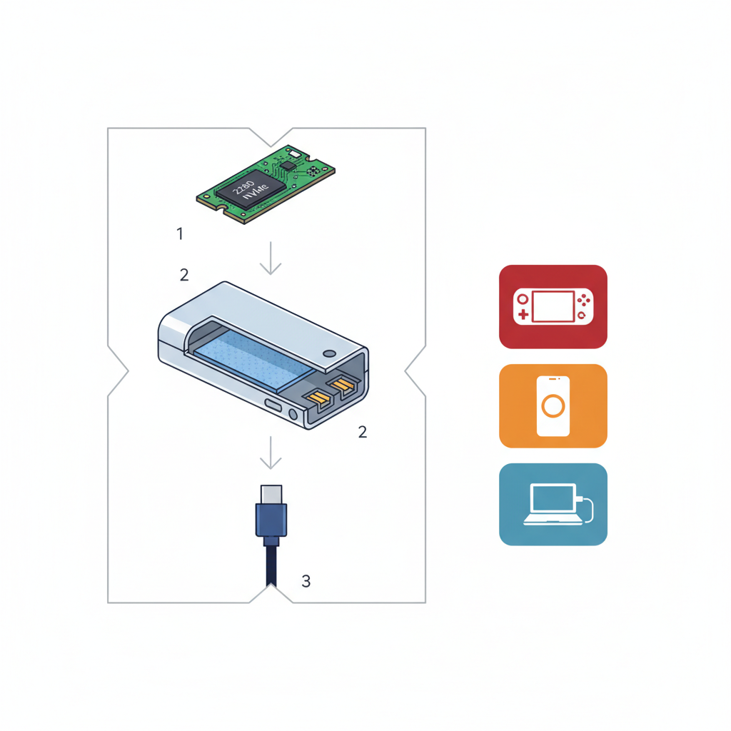 외장 SSD DIY 조합 가이드 — M.2 NVMe SSD + USB-C 케이스 5분 조립 워크플로우 + Steam Deck·iPhone ProRes·노트북 백업 시나리오별 구성 다이어그램
