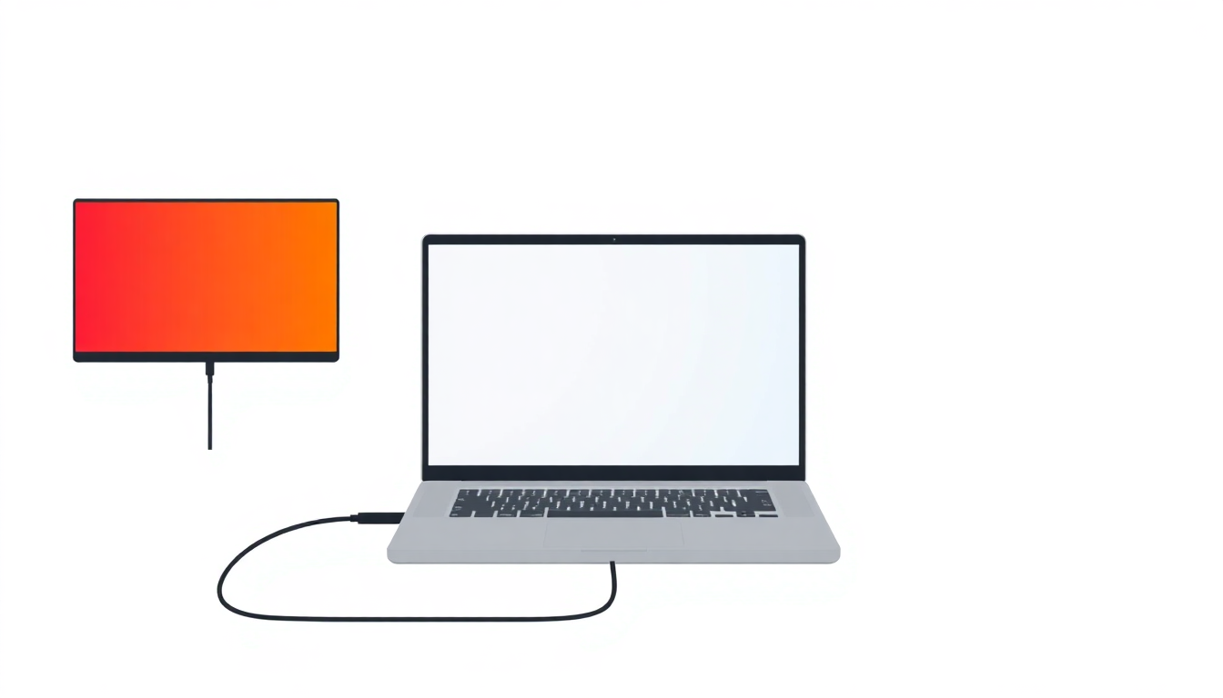 노트북과 휴대용 모니터를 USB-C 케이블 한 선으로 연결한 듀얼 화면 작업 셋업 다이어그램 포터블 모니터 연결 방식 시각화
