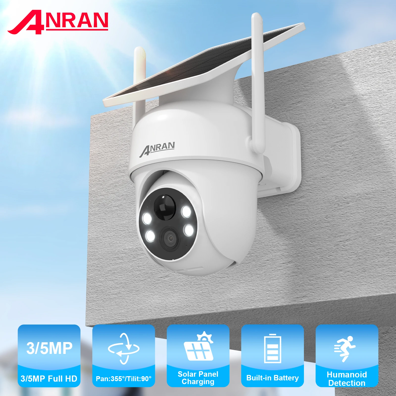ANRAN Solar 2K 3/5MP 솔라 배터리 보안카메라 — `솔라 패널` 무전원 PIR 인체감지 — AliExpress 어필리에이트 제품 사진 (평점 4.79)