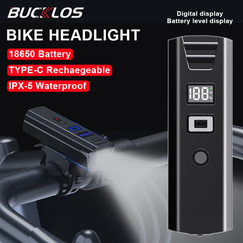 BUCKLOS 자전거 전조등 — 18650 배터리·Type-C 충전 핸들바 헤드라이트 손전등 — AliExpress 어필리에이트 제품 사진 (평점 4.83)