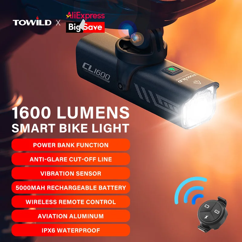 TOWILD CL1600 자전거 전조등 — 1600루멘·5000mAh·IPX6 방수 알루미늄 헤드라이트 (MTB/로드) — AliExpress 어필리에이트 제품 사진 (평점 4.84)