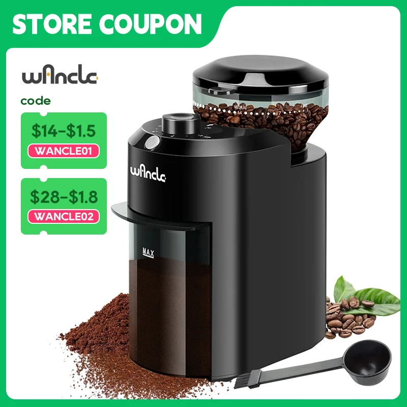 Wancle 전동 코니컬 버 그라인더 28단 (220V/120V 표기) — AliExpress 어필리에이트 제품 사진 (평점 4.79)