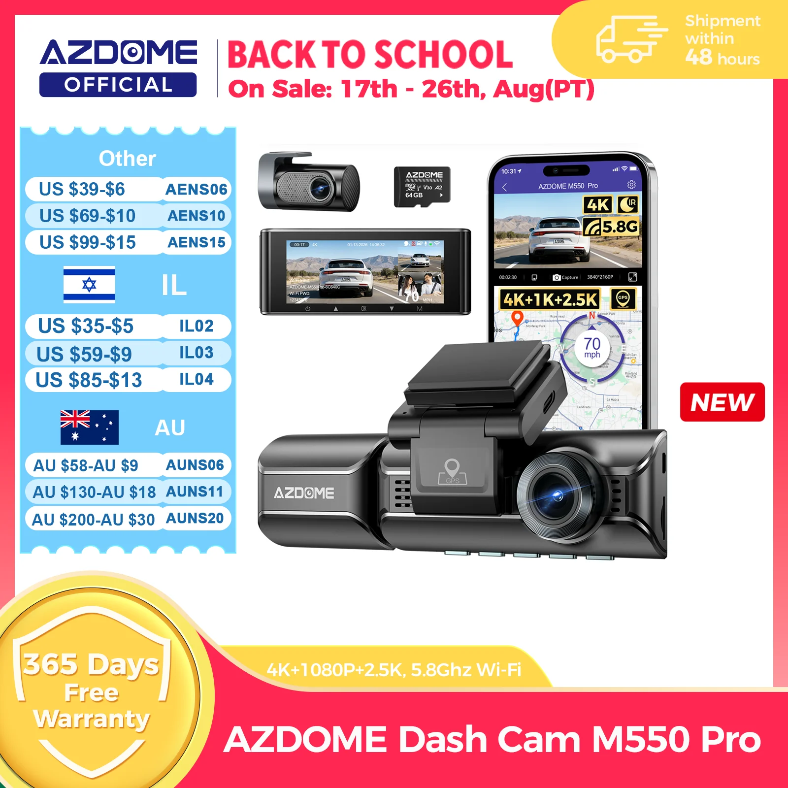 Upgrade AZDOME M550 Pro Dash Cam 4K Front Dashcam 5.8Ghz Wi-Fi GPS G-sensor Car DVR 6 IR Night Vision Parking Monitor — AliExpress 어필리에이트 제품 사진 (평점 4.61)