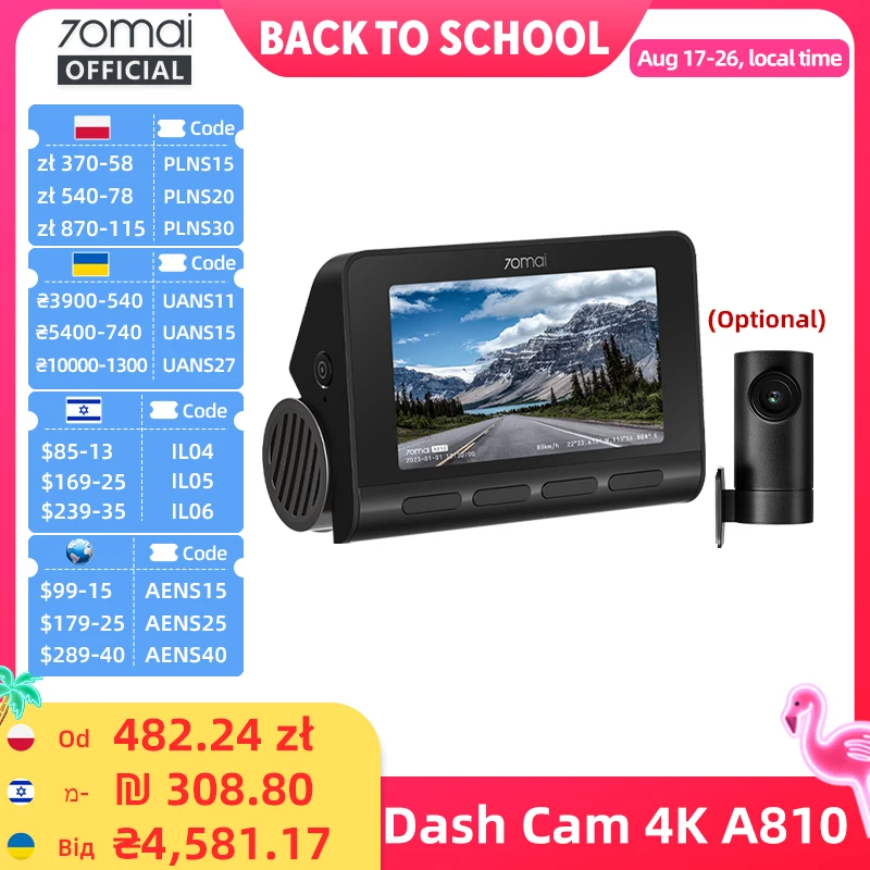 70mai 4K Dash Cam A810 Front Rear Set Support 4G Module LTE UP04 Remote Control GPS ADAS Car DVR — AliExpress 어필리에이트 제품 사진 (평점 4.89)