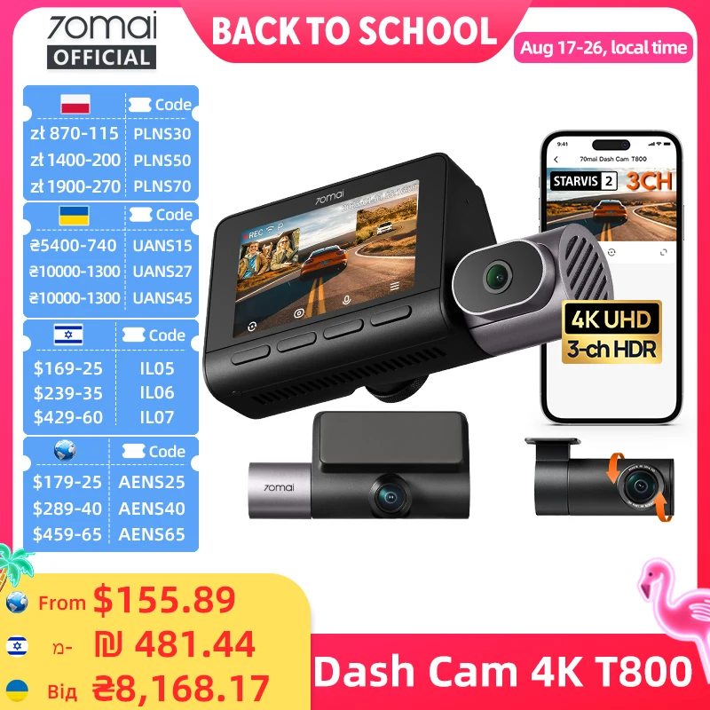 70mai 4K T800 3-Channel Dash Cam Front Rear Interior Triple HDR Supercapacitor Built-in GPS ADAS 24H Parking Guardian 4G LTE — AliExpress 어필리에이트 제품 사진 (평점 4.77)