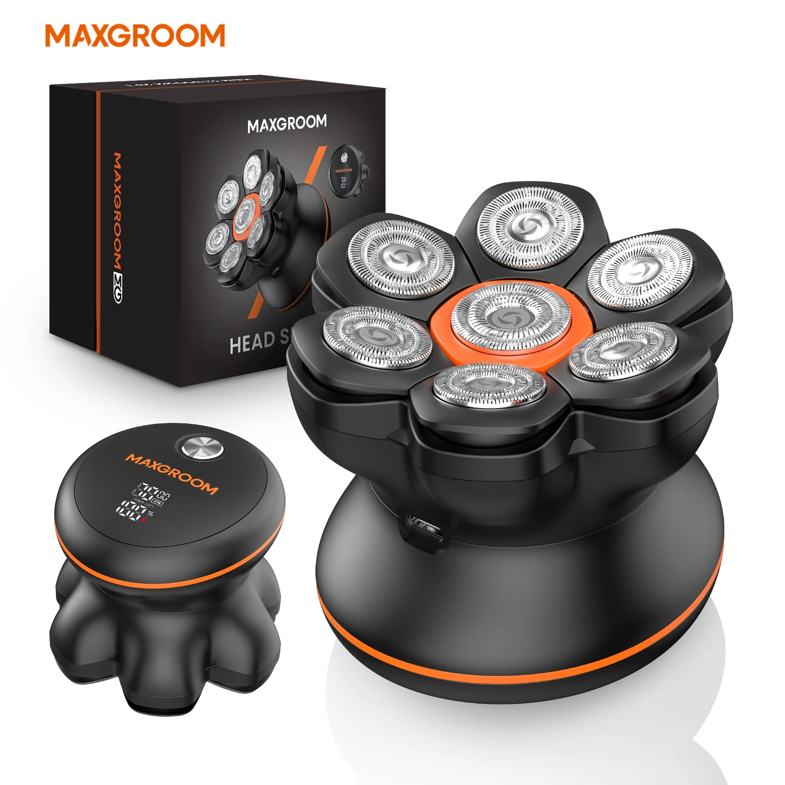 MAXGROOM 7D 헤드 셰이버 — 두피·삭발 1위 (LED 잔량 표시·습식 건식 겸용) — AliExpress 어필리에이트 제품 사진 (평점 4.8)
