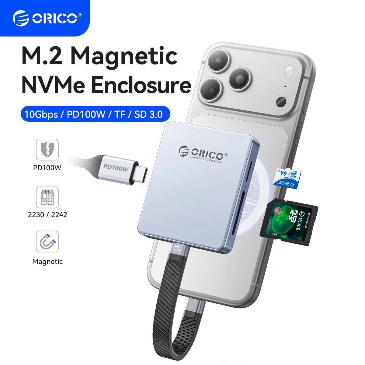 ORICO Magnetic M.2 2230 NVMe for iPhone 4K ProRes — `iPhone 15 Pro 직결` PD 100W + SD/TF 카드 리더 — AliExpress 어필리에이트 제품 사진 (평점 4.89)