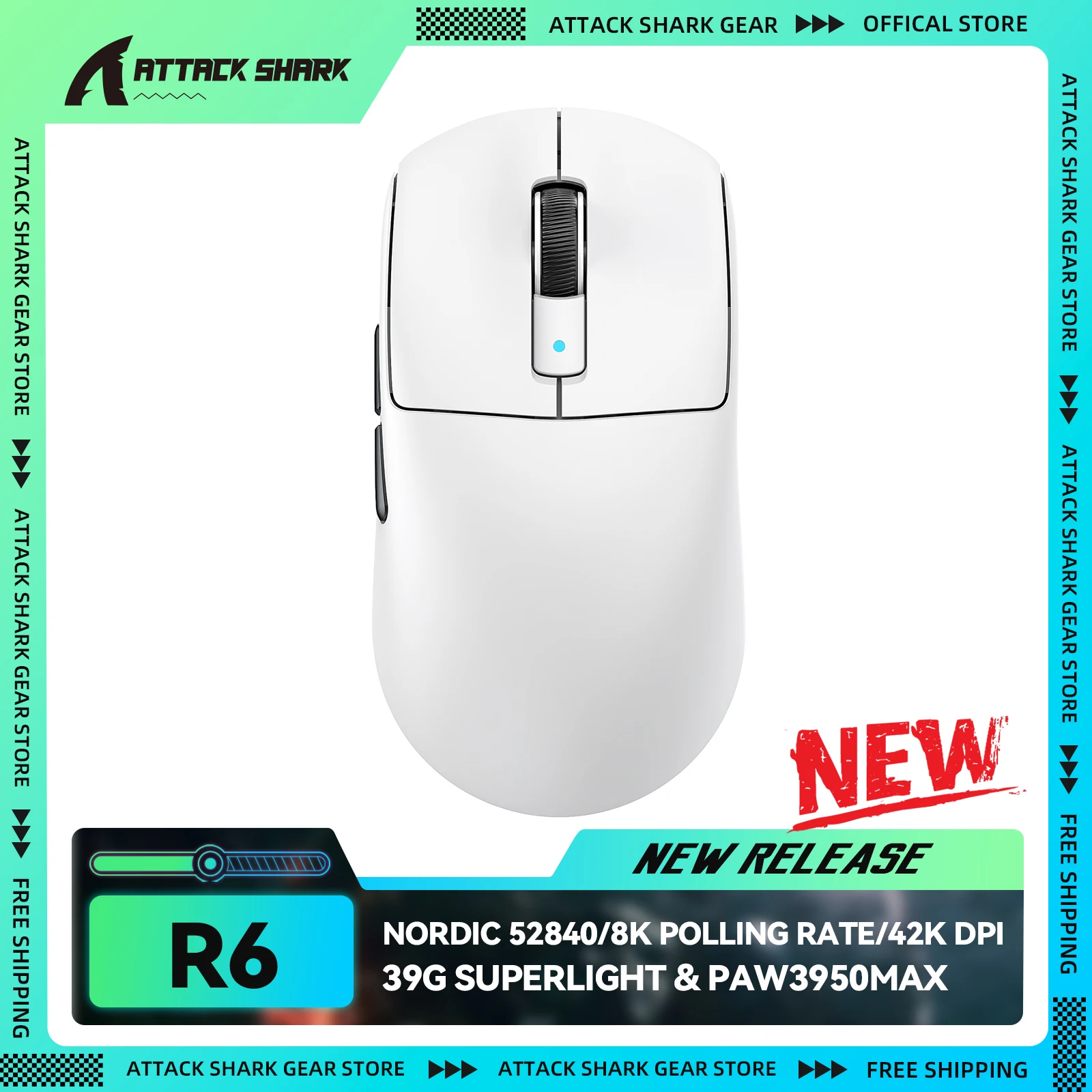 ATTACK SHARK R6 Wireless Gaming Mouse — 39g 8K 폴링 PAW3950MAX 42K DPI Nordic 52840 (프리미엄) — AliExpress 어필리에이트 제품 사진 (평점 4.8)