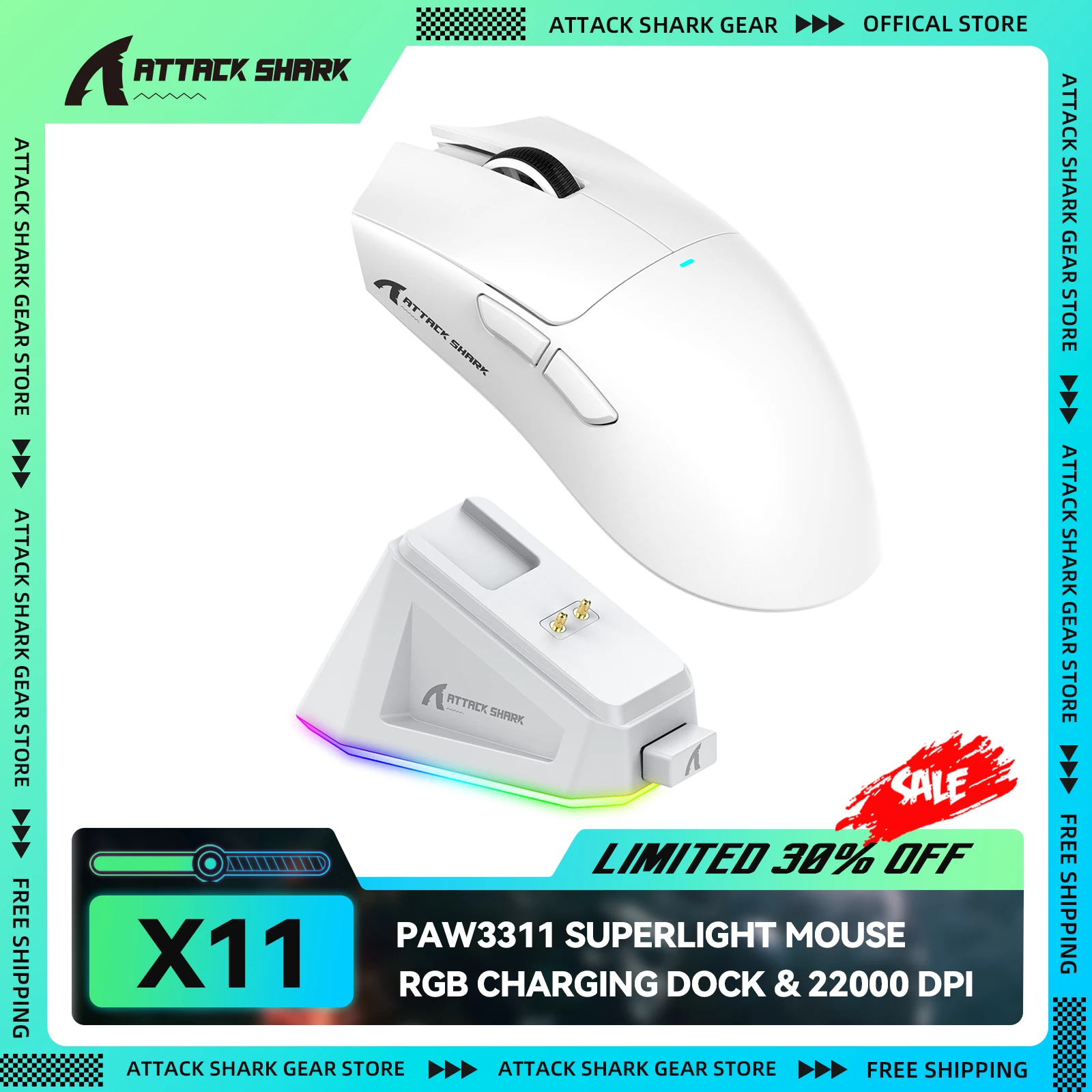 ATTACK SHARK X11 Wireless Gaming Mouse — 매그네틱 충전 도크 + PAW3311 22K DPI — AliExpress 어필리에이트 제품 사진 (평점 4.9)