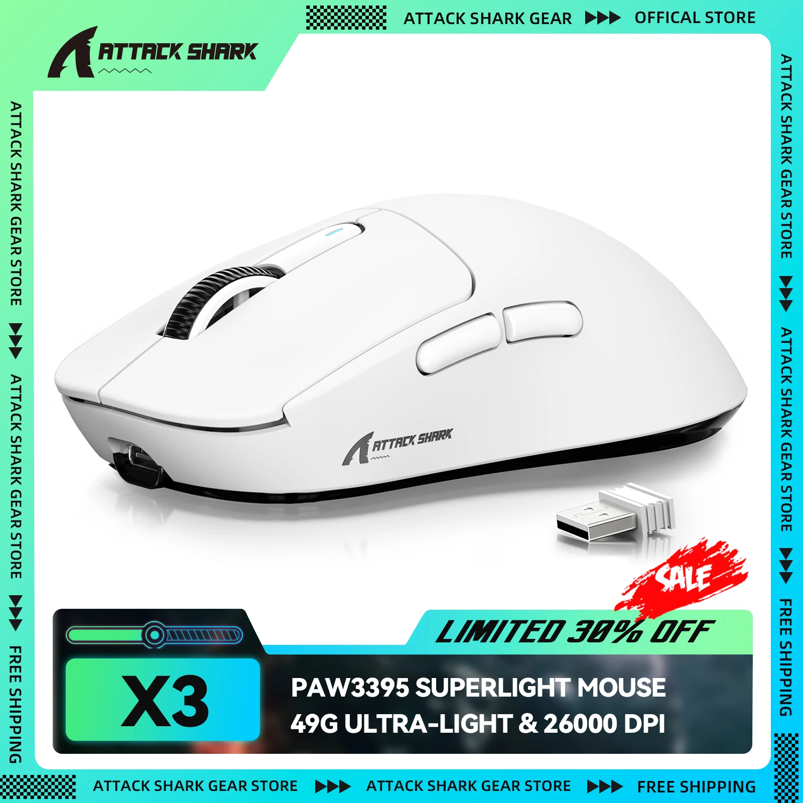 ATTACK SHARK X3 Wireless Gaming Mouse — PAW3395 26K DPI 49g 초경량 트라이모드 (BT·2.4G·유선) — AliExpress 어필리에이트 제품 사진 (평점 4.9)