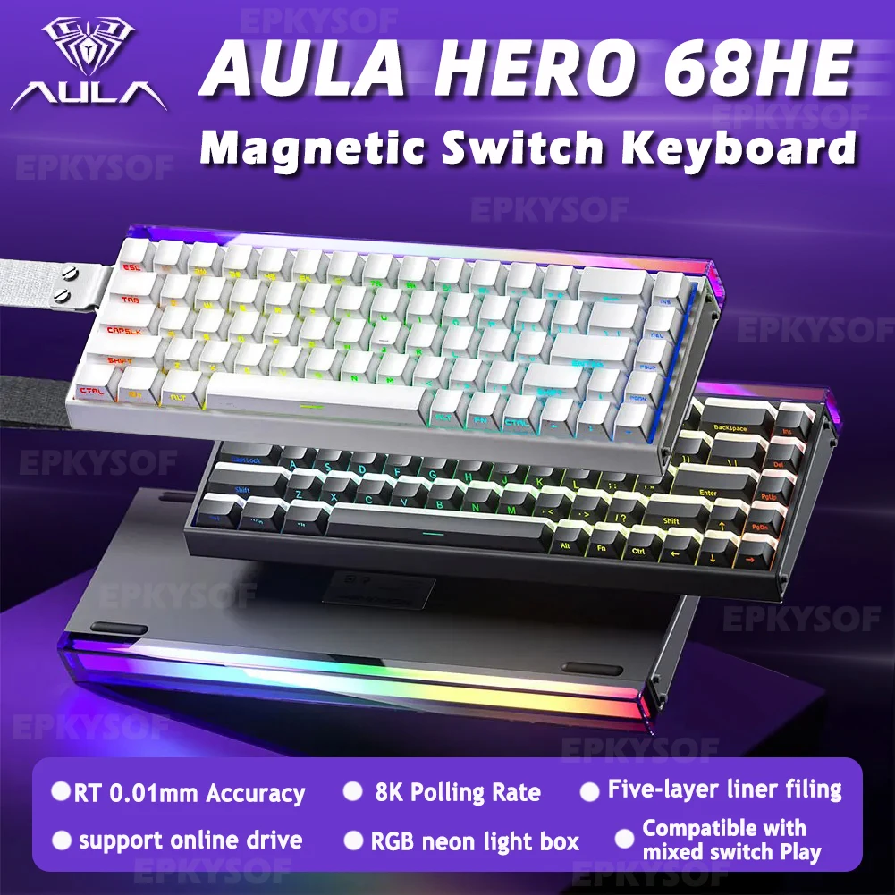 AULA HERO 68HE — 자석축 래피드 트리거 · 8K 리턴 · RGB · 핫스왑 · 68키 — AliExpress 어필리에이트 제품 사진 (평점 4.86)