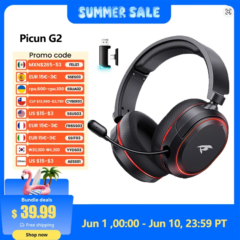 Picun G2 2.4G Wireless Gaming Headset — Bluetooth 5ms Low Latency Over-Ear (무선 프리미엄) — AliExpress 어필리에이트 제품 사진 (평점 4.7)