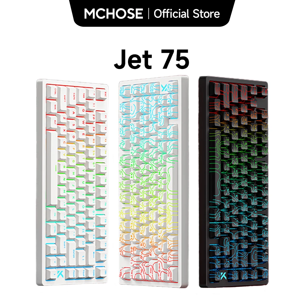 MCHOSE Jet 75 — 자석축 75% · `8kHz` Snap Tap · 0.1ms 응답 · 핫스왑 — AliExpress 어필리에이트 제품 사진 (평점 4.87)
