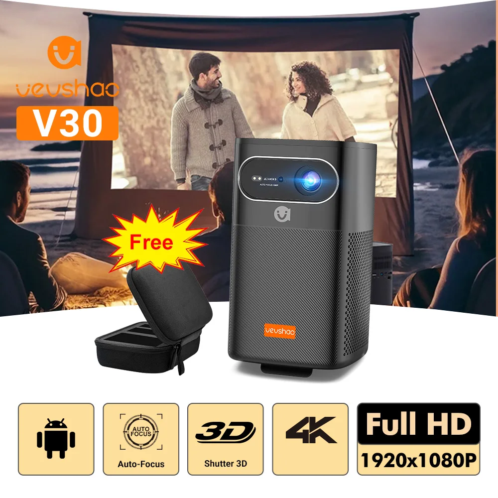 VEVSHAO V30 미니 프로젝터 (3D · 4K지원 · 배터리) — AliExpress 어필리에이트 제품 사진 (평점 4.8)