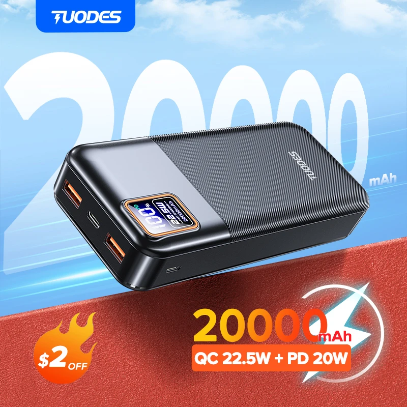 Tuodes 20000mAh PD20W 보조배터리 — 종합 1위 (22.5W 고속충전·대용량 기본기) — AliExpress 어필리에이트 제품 사진 (평점 4.63)
