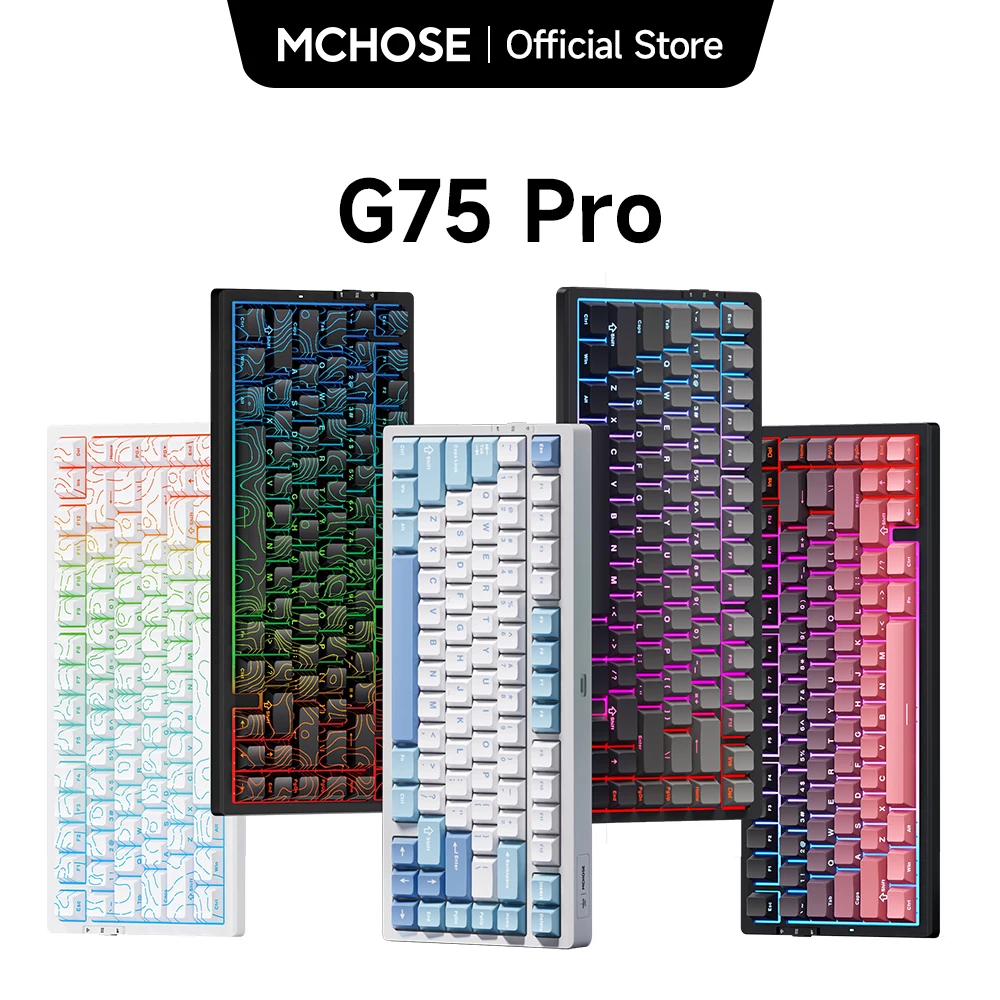 MCHOSE G75 Pro — 75% 무선 가스켓 마운트 · 5층 흡음 · 3모드(BT·2.4G·USB-C) — AliExpress 어필리에이트 제품 사진 (평점 4.9)
