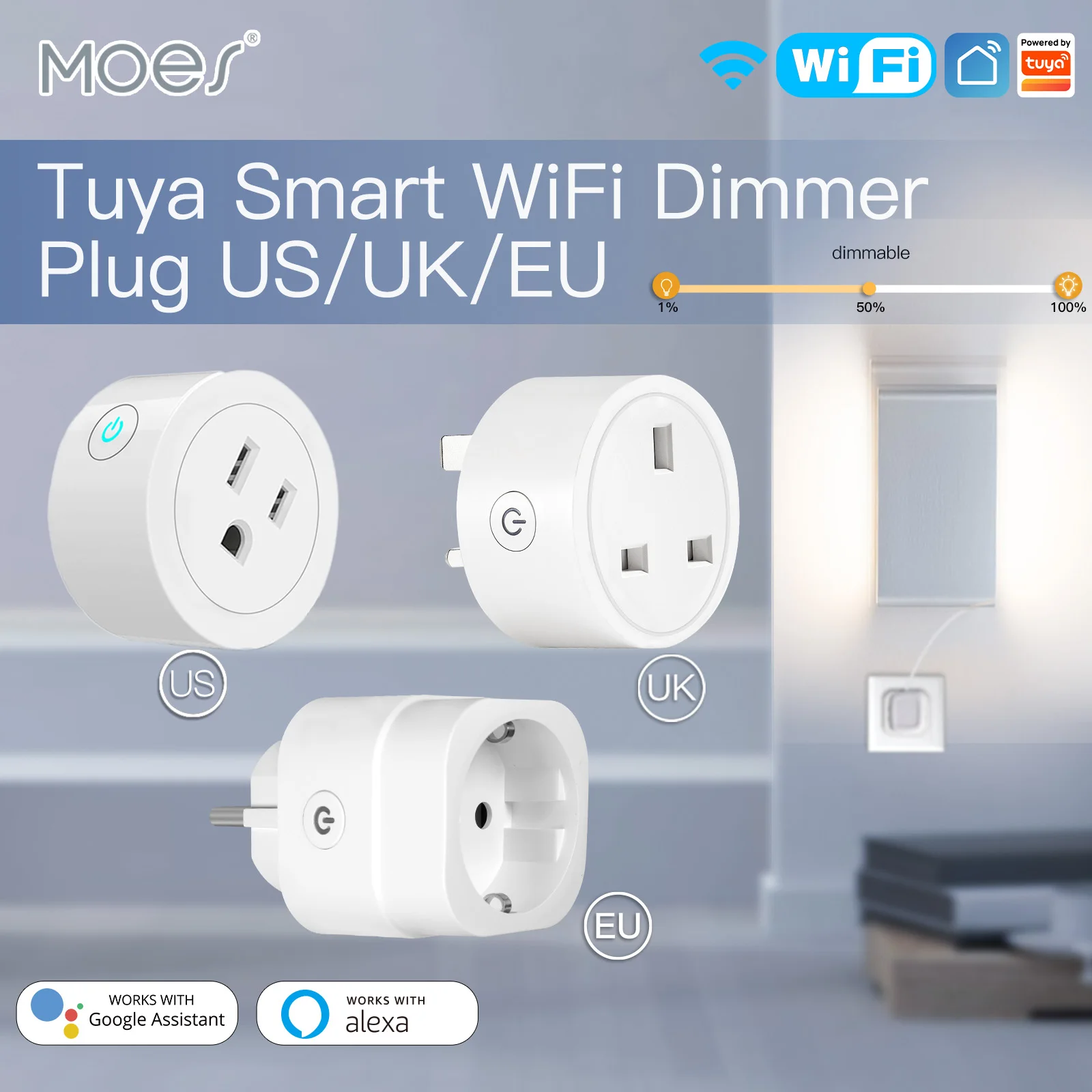 MOES 스마트 소켓 (밝기조절 LED · 타이머) — AliExpress 어필리에이트 제품 사진 (평점 4.6)