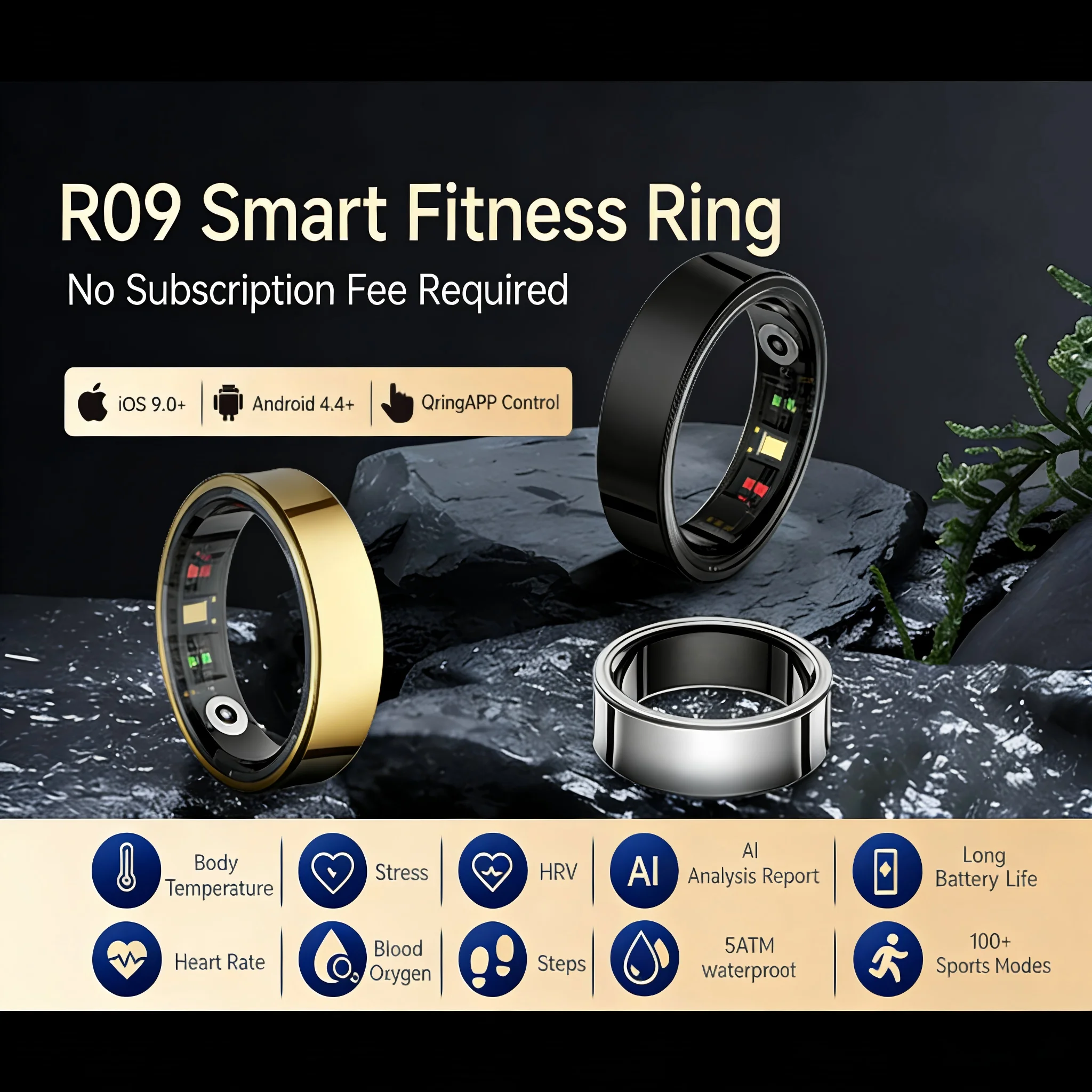 아모반(Amovan) 스마트링 프리미엄 — 체온·원격 제어·스포츠·수면 측정 (삼성·iOS 호환) — AliExpress 어필리에이트 제품 사진 (평점 4.86)