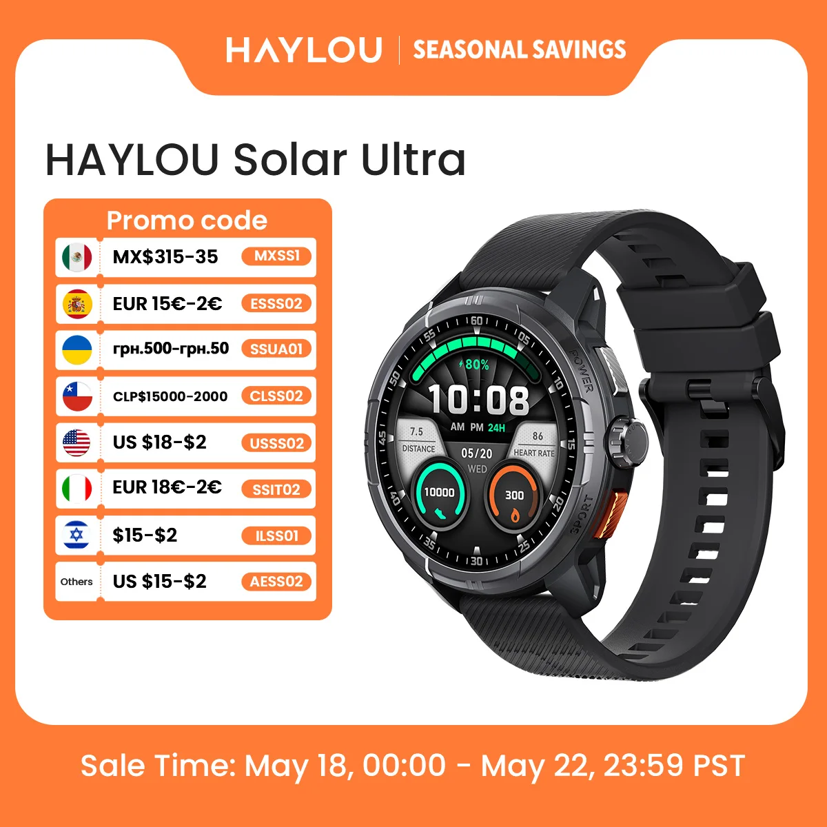 HAYLOU Solar Ultra GPS — `내장 GPS` 1.6인치 AMOLED 5ATM 블루투스 통화 — AliExpress 어필리에이트 제품 사진 (평점 4.74)