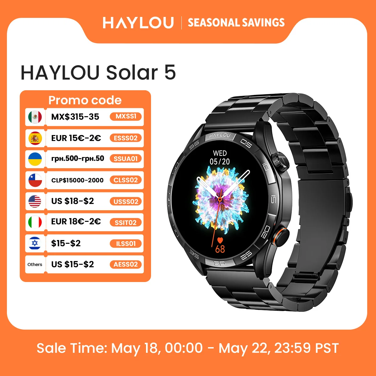 HAYLOU Solar 5 음성통화 스마트워치 — `60Hz AMOLED` 1.58인치 24H 건강 모니터링 — AliExpress 어필리에이트 제품 사진 (평점 4.75)
