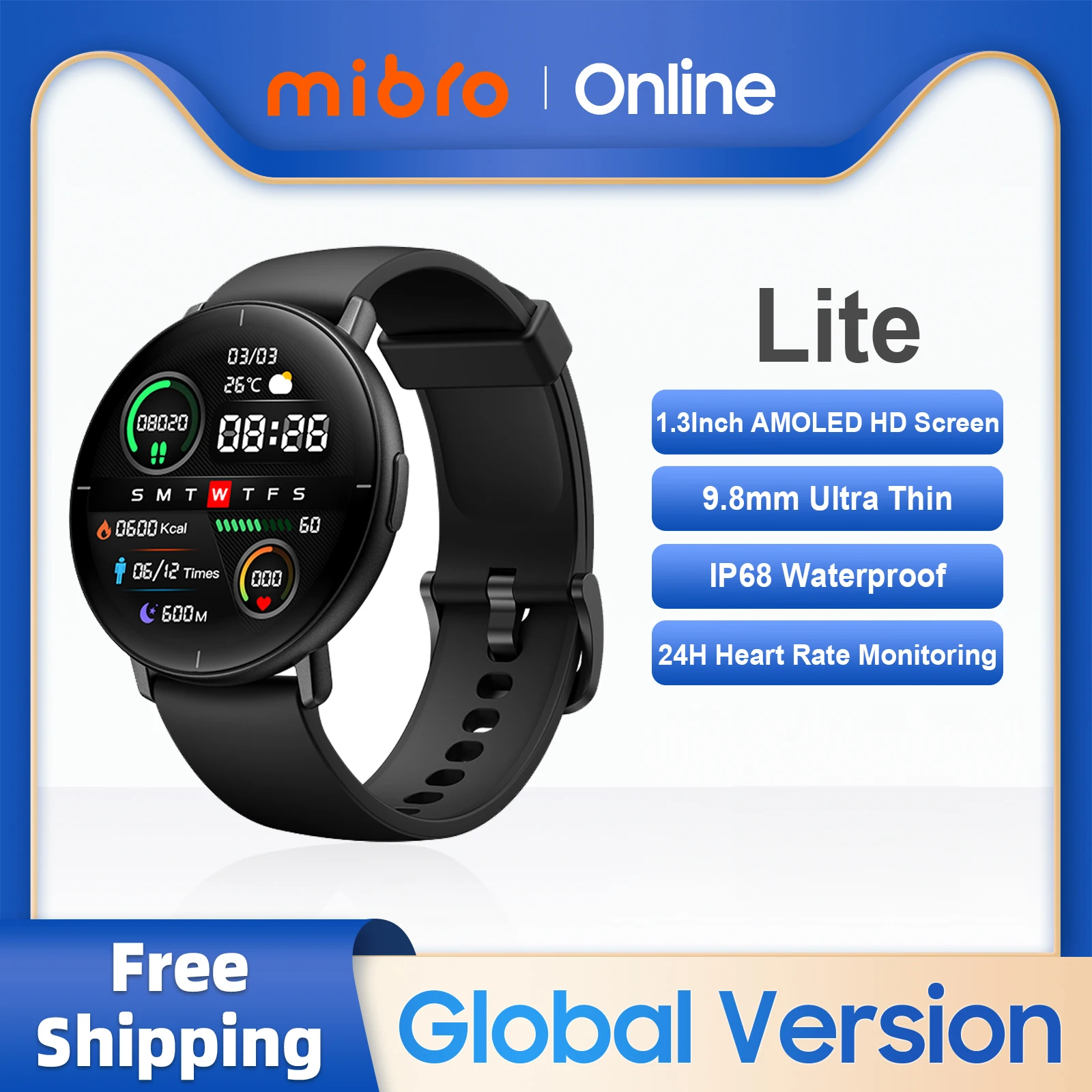 Mibro Lite Global Version 1.3" AMOLED — `IP68 방수` 글로벌 펌웨어 한국어 지원 — AliExpress 어필리에이트 제품 사진 (평점 4.67)