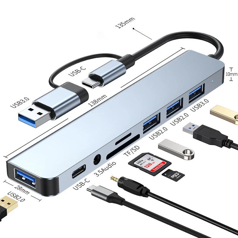 8-in-2 USB+Type-C 도킹 스테이션 (3.5mm 오디오 잭 + Micro SD 리더) — AliExpress 어필리에이트 제품 사진 (평점 4.73)