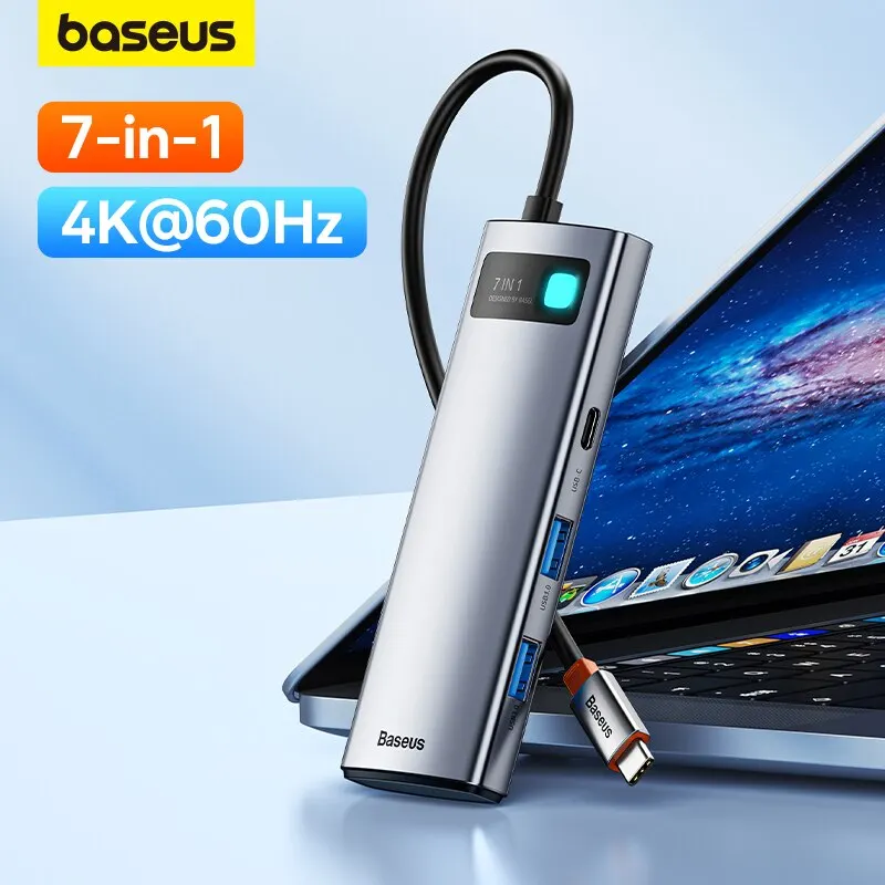 Baseus 7-in-1 Gen 2 USB-C Hub — 4K@60Hz HDMI·USB 3.0×3·PD 100W·SD/TF (Steam Deck·M1/M2 지원) — AliExpress 어필리에이트 제품 사진 (평점 4.9)