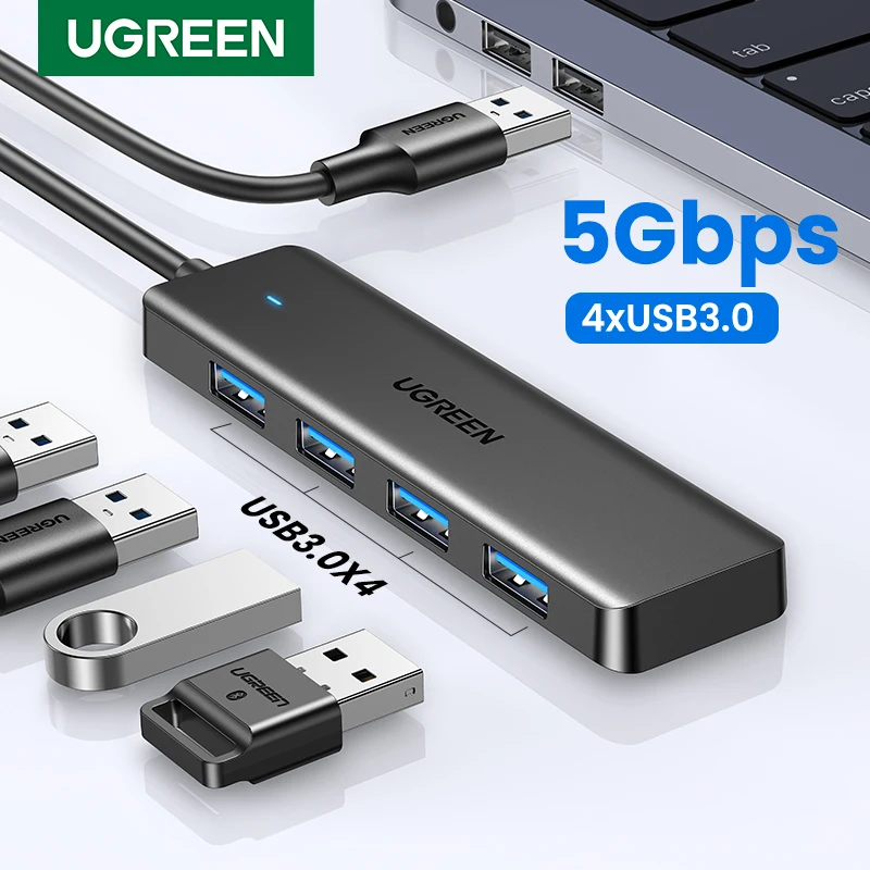 UGREEN USB 3.0 4포트 슬림 허브 — 키보드·마우스 확장 전용 (Mac/PS5/Xbox 호환) — AliExpress 어필리에이트 제품 사진 (평점 4.92)