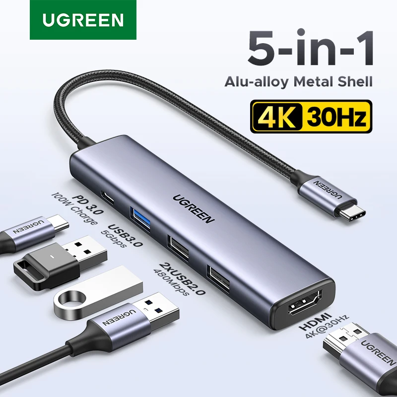 UGREEN 5-in-1 Type-C 4K HDMI PD100W 멀티포트 어댑터 (MacBook/iPad Pro 검증) — AliExpress 어필리에이트 제품 사진 (평점 4.87)