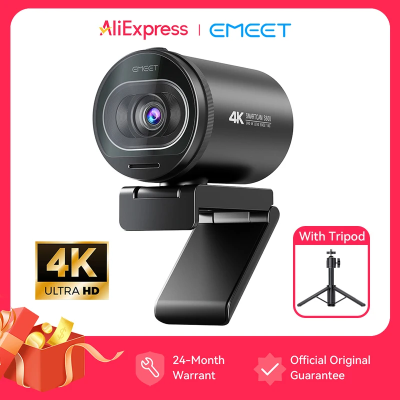 EMEET S600 SmartCam 4K (소니 센서·오토포커스·60fps@1080p·삼각대 포함) — 4K 입문 — AliExpress 어필리에이트 제품 사진 (평점 4.92)