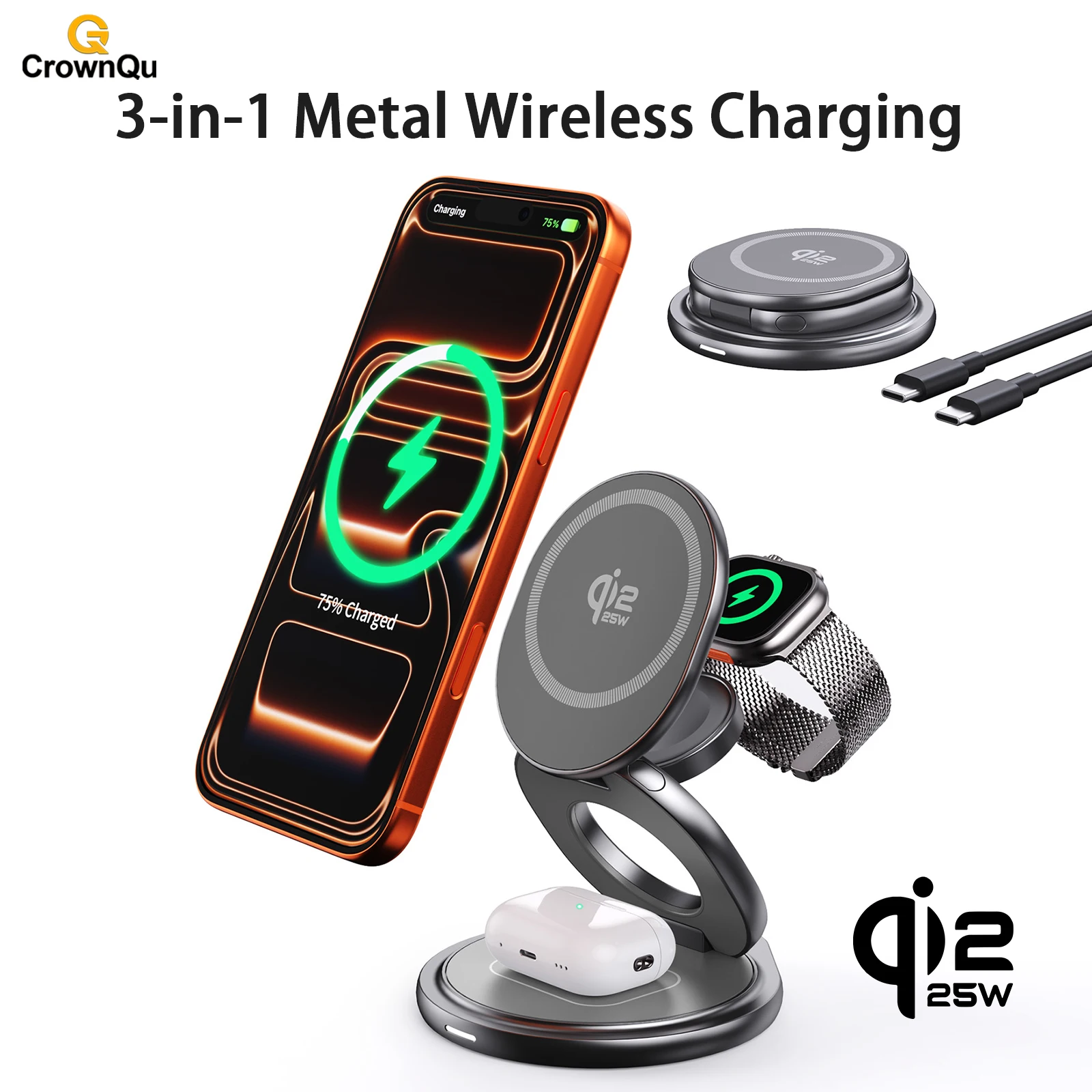 Qi2.2 25W Metal Wireless Charger Portable Fast Charging Station 360° Rotation Stand — AliExpress 어필리에이트 제품 사진 (평점 4.82)