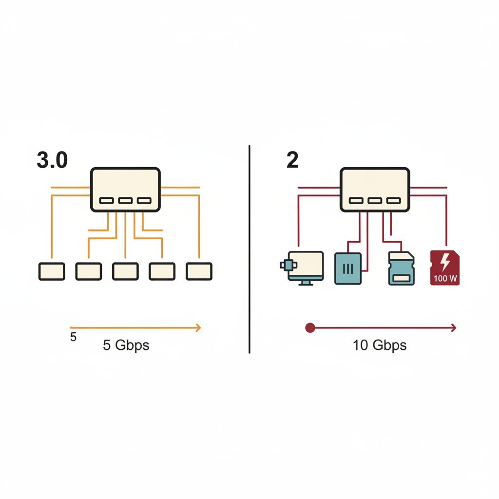 USB 3.0과 USB-C Gen 2 멀티프로토콜 허브 데이터 속도·기능 비교 — 5Gbps USB-A 분배 vs 10Gbps HDMI/이더넷/PD 100W 통합